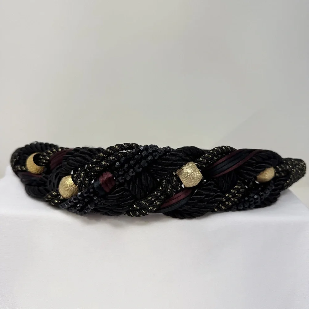 Vintage Braided Rope Belt Black Gold Beaded Statement Belt Boho